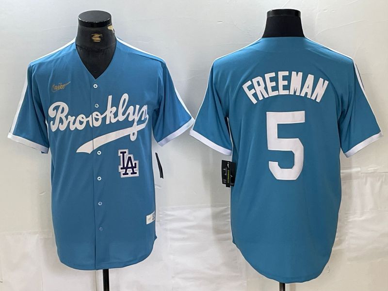 Men Los Angeles Dodgers #5 Freeman Light blue Throwback 2024 Nike MLB Jersey style 2